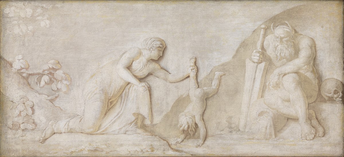 Thetis dompel haar zoon Achilels in de rivier De Styx