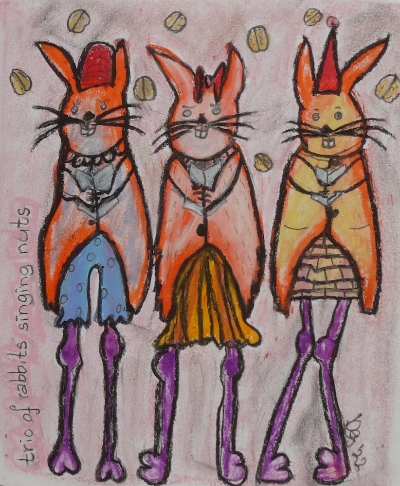Trio van konijnen die noten zingen - Loes Oosterveen